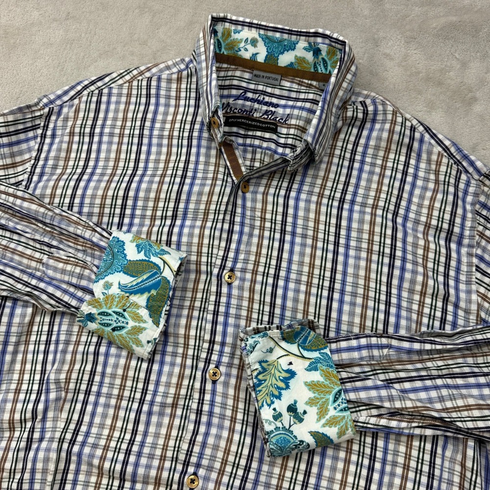 Luchiano Visconti Black Button Down Mens M Multi Plaid Paisley‎ Cuffs Portugal